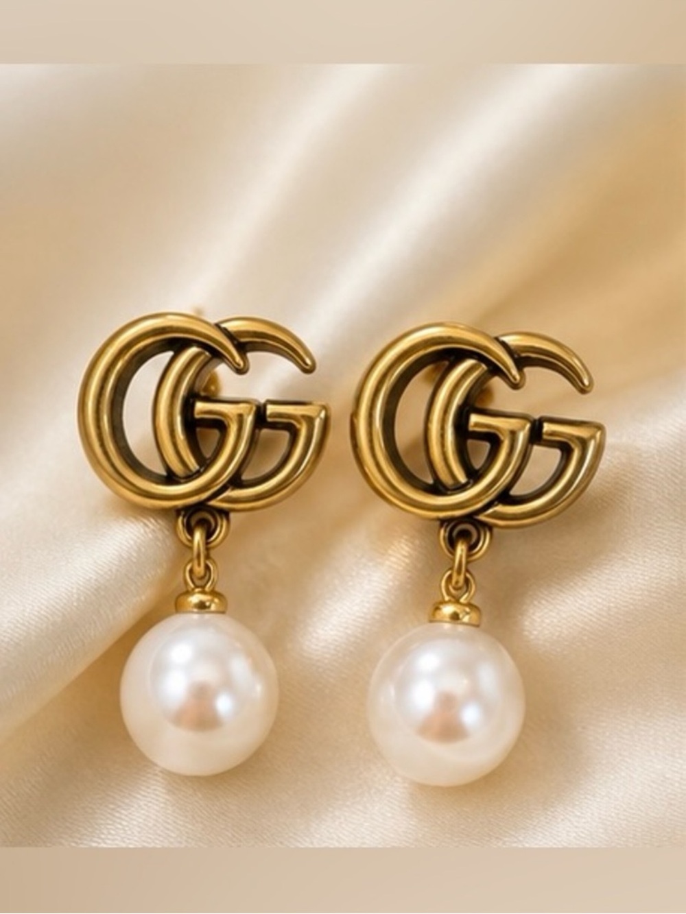 Gold Tone Double G Pearl Drop Earrings